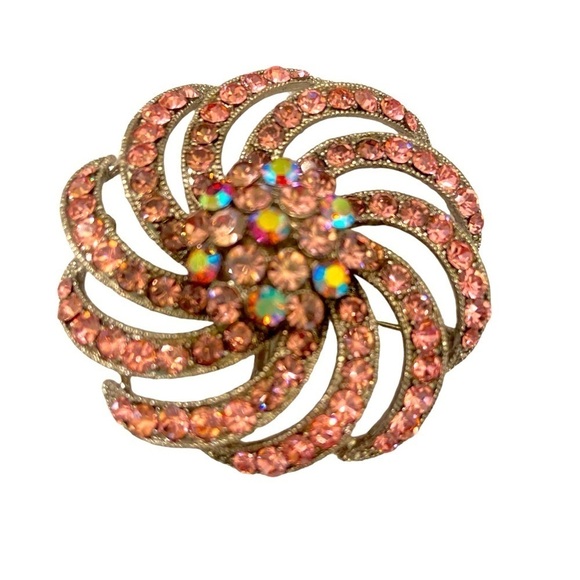 Vintage pink & aurora borealis floral swirl brooch silver tone back 2 inches - Picture 2 of 6